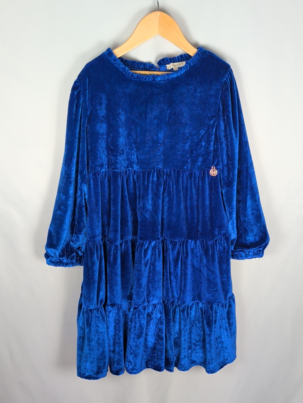 Angel & Rocket Girls Adriana Velvet Tiered Long-Sleeve Dress in Cobalt Blue 9 UK